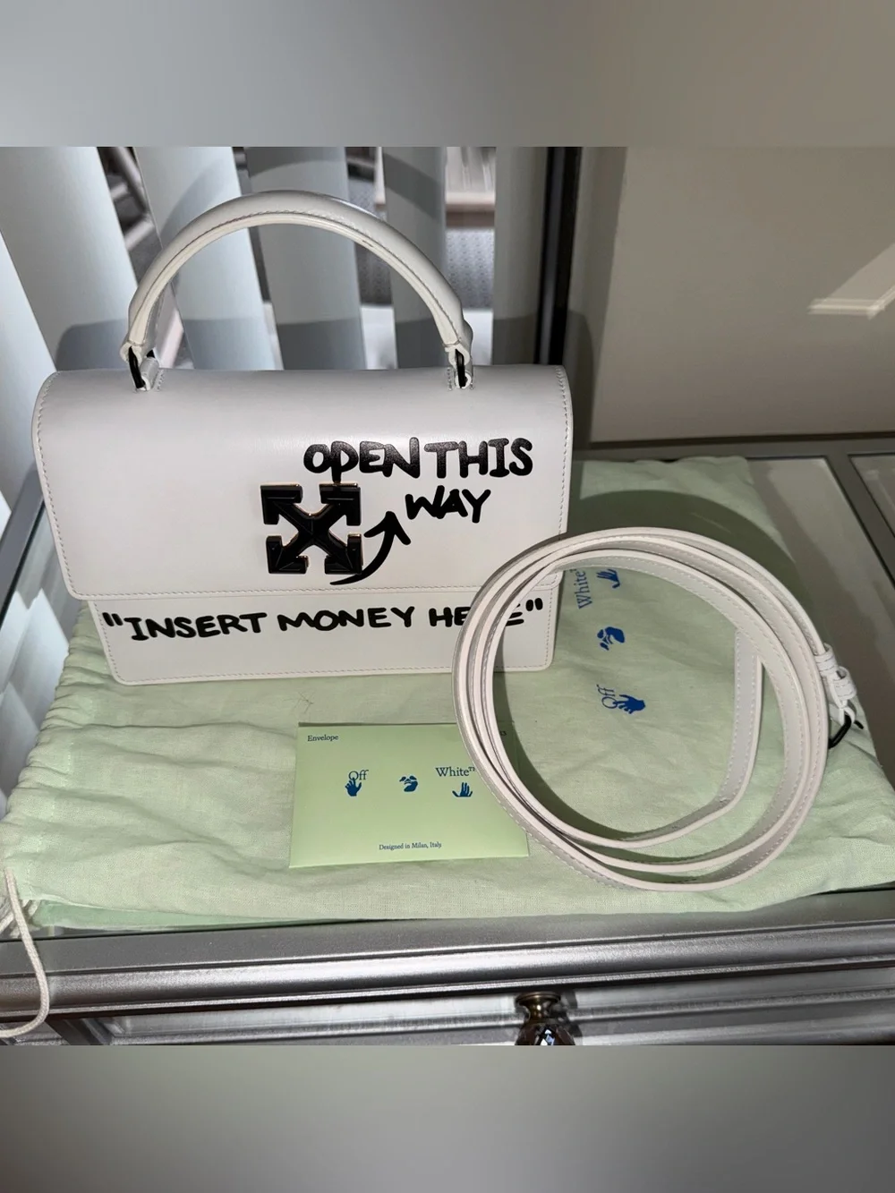 Off-White Jitney 1.4 Cash Inside White Leather Top Handle Crossbody Bag